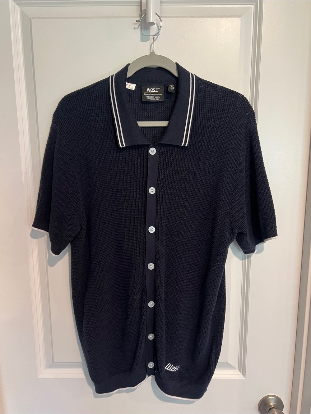 WESC Navy Short-Sleeve Button Knit Polo with Contrast Trim - XL